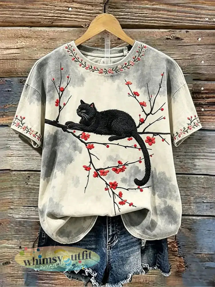Dames schattig bloemenkat t-shirt met korte mouwen - als foto / S