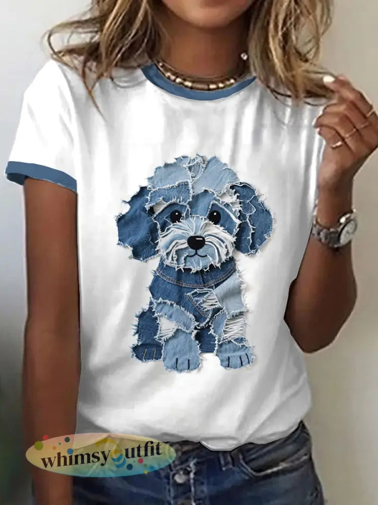 Dames schattig hondje denim patchwork art-t-shirt - Wit / S