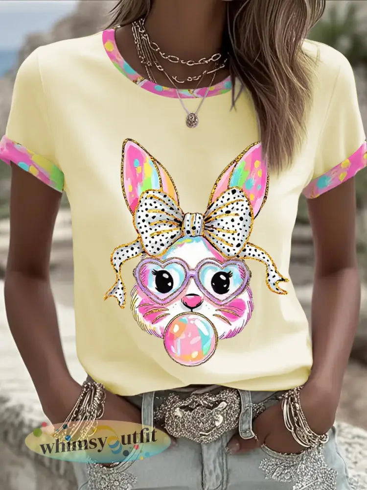 Dames schattige glitter paashaas Coquette T-shirt met korte mouwen - Lichtgeel / S