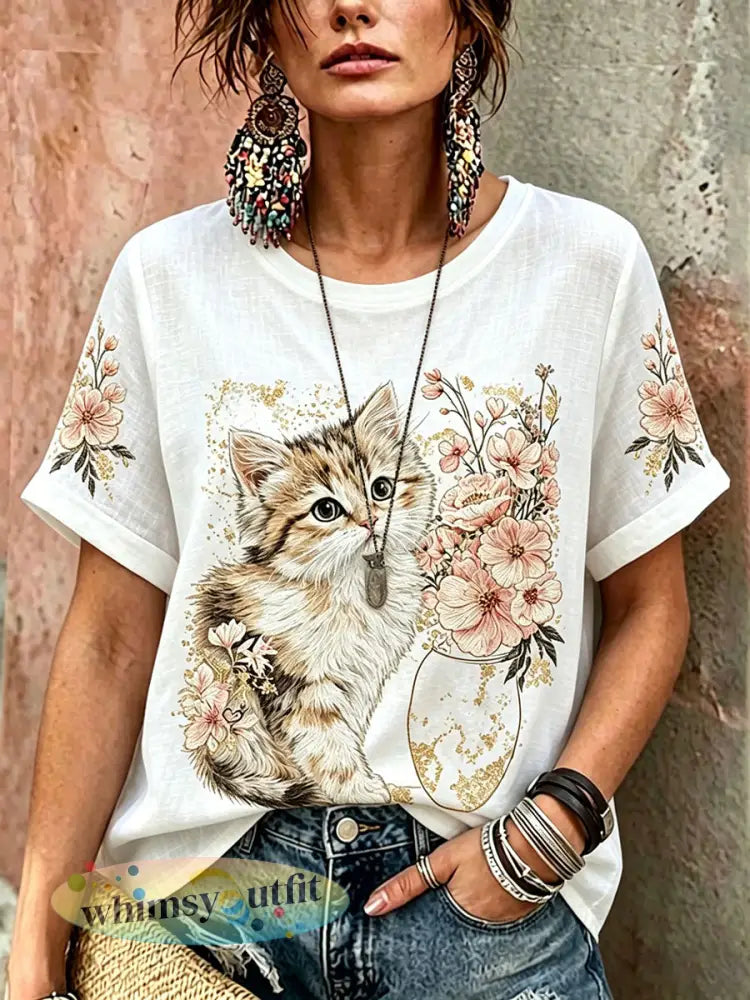 Dames schattige kat met bloemen casual linnen korte mouwen - Wit / S