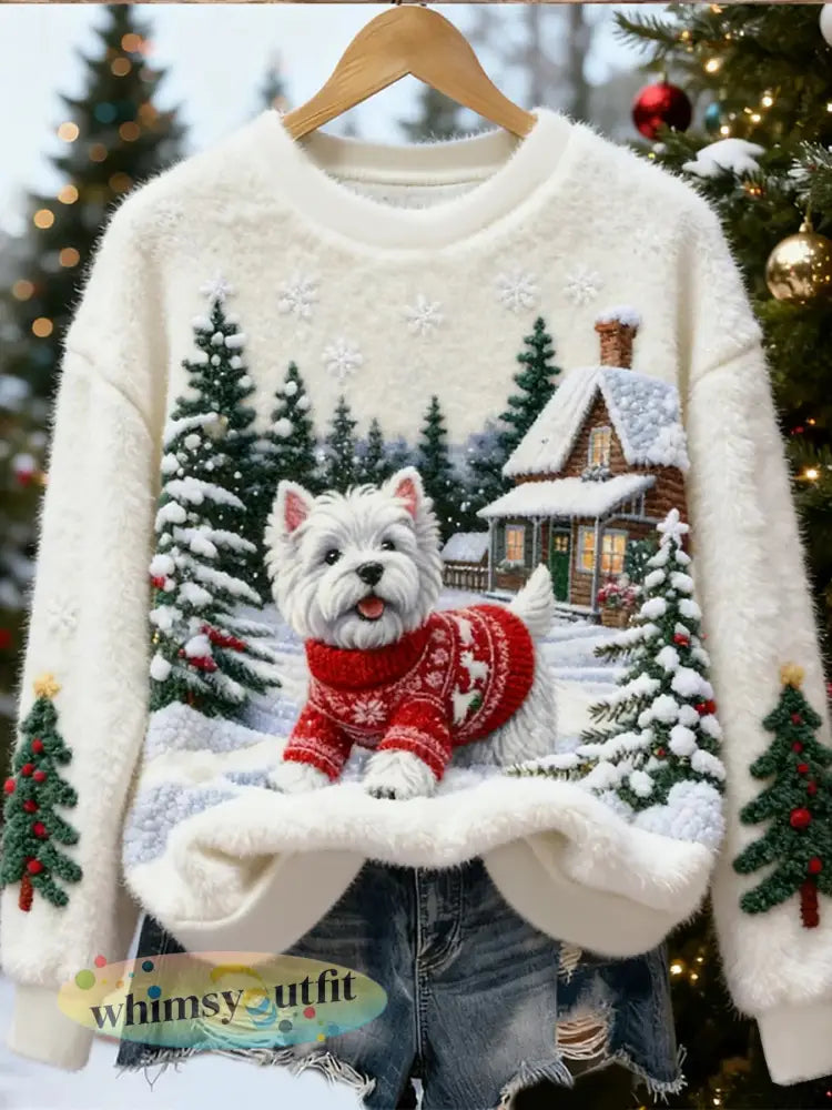 Dames schattige kerst hond kunst print casual flanellen trui - als foto / S