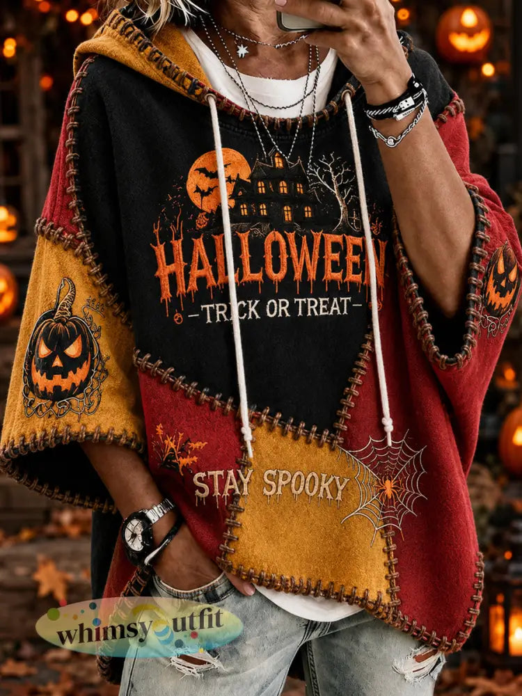Dames-sweatshirt met ronde hals en driekwartmouwen versierd met een Belgisch Halloween-motief - Zwarte Sinaasappel / S