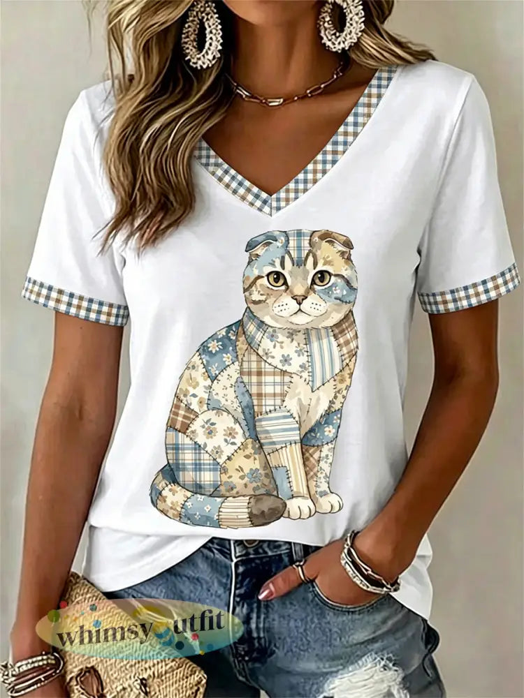 Dames T-shirt met bloemen- en kattenprint vrijetijdssnede V-hals - Wit / S