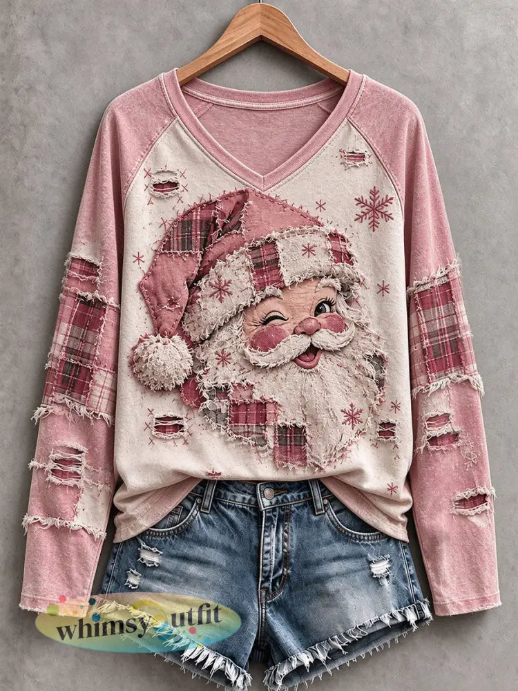 Dames T-shirt met kerstmansmotief in vintage roze - Roze / S
