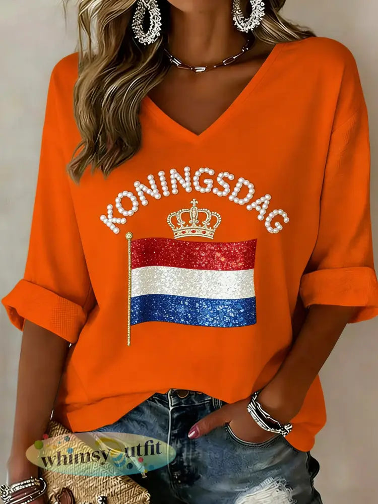 Dames T-shirt met koningsdagprint en V-hals - A / S