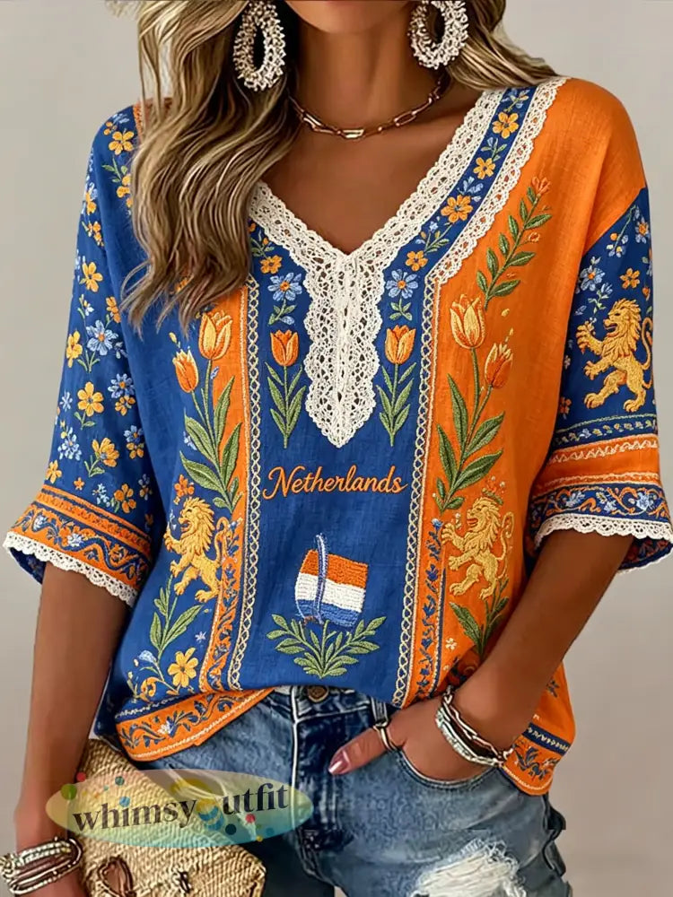 Dames T-shirt met kunstprint ter herinnering aan Koningsdag in Nederland - A / S