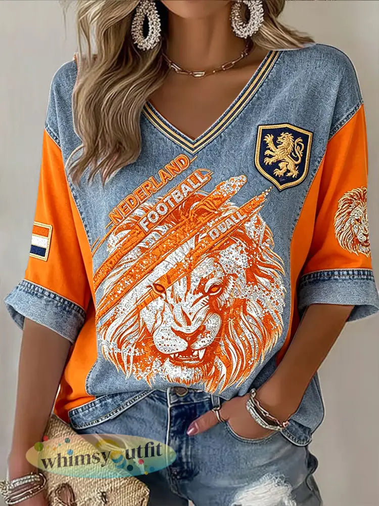 Dames-T-shirt met patchworkprint van Nederlandse voetbaltroepen Leeuwen en Koeien casual met V-hals - Sinaasappel / S