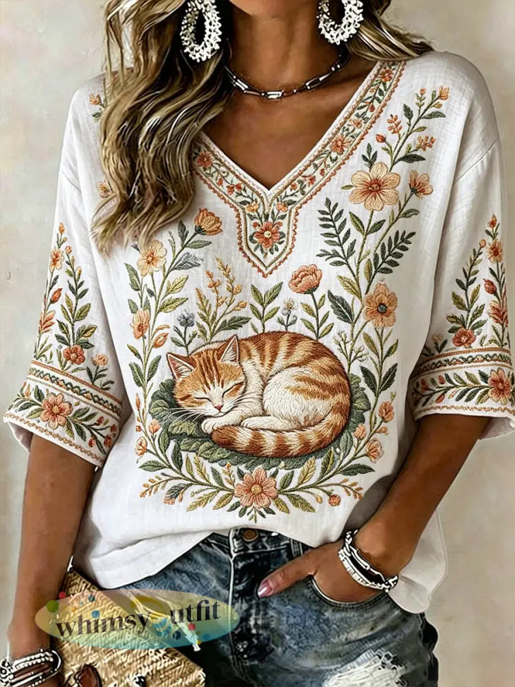 Dames T-shirt met planten en bloemen en schattige katprint casual - als foto / S