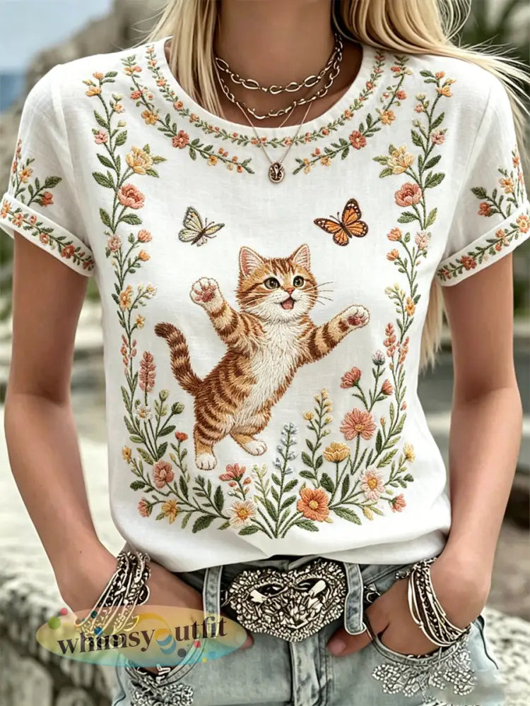 Dames T-shirt met planten en bloemen en schattige katprint casual - Wit / S