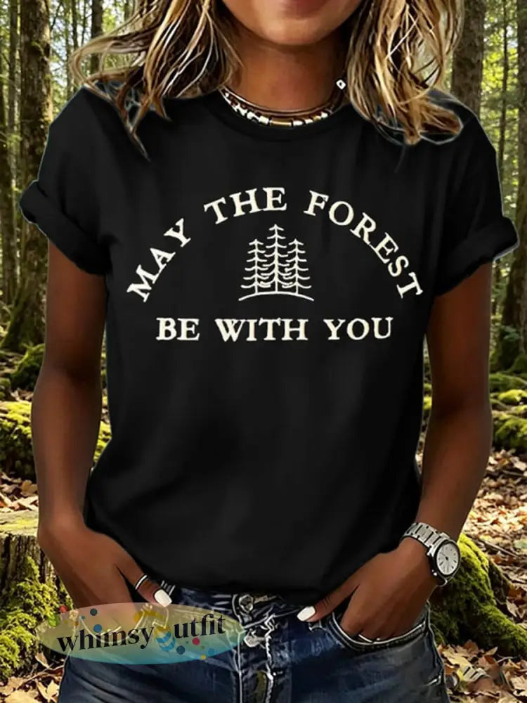 Dames T-shirt met print: May The Forest Be With You - Zwart / S