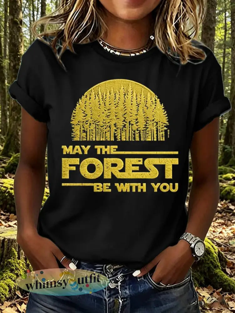 Dames T-shirt met print: May The Forest Be With You - Zwart / S