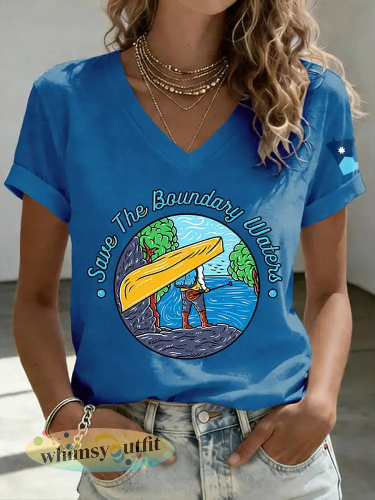 Dames T-shirt met print ’Save The Boundary Waters’ - Blauw / S
