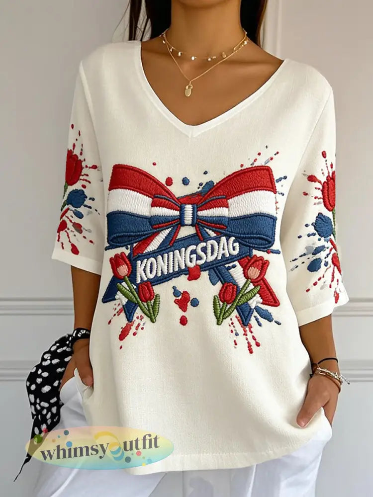 Dames T-shirt met tulp- en strikprint in Koningsdag-stijl casual V-hals - Abrikoos / S