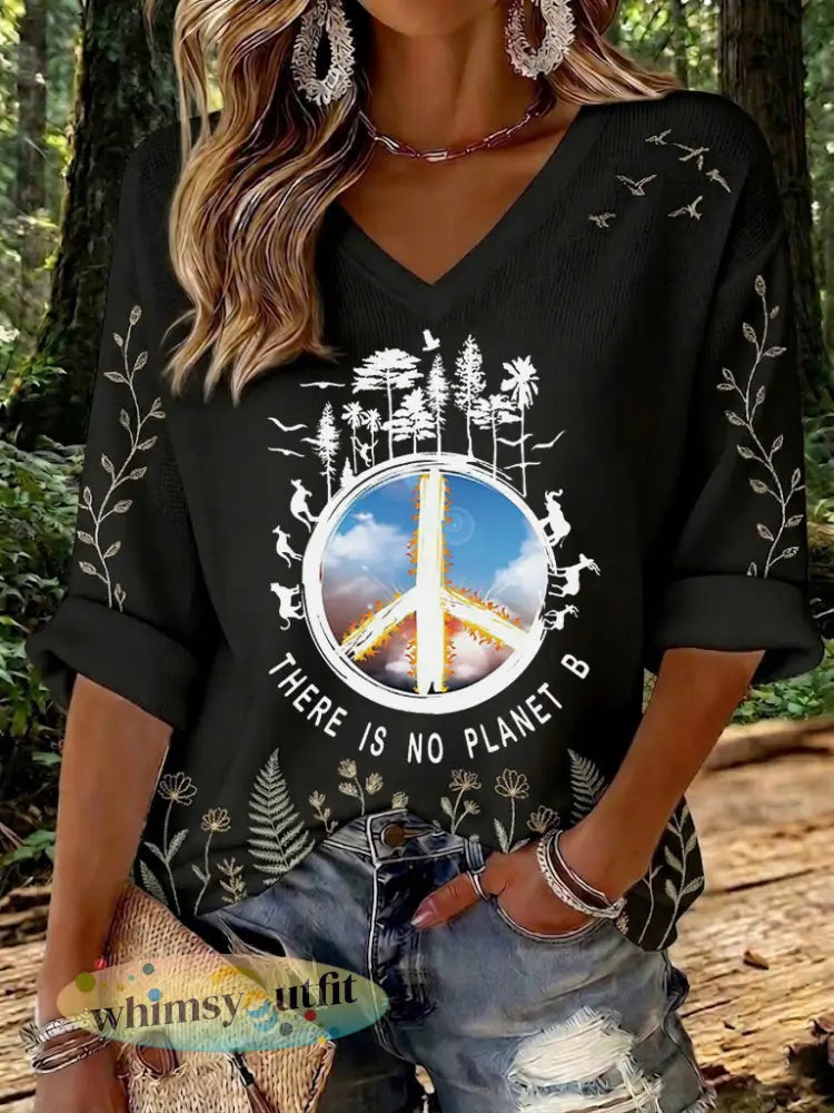 Dames T-shirt met wafelpatroon en opdruk ’There Is No Planet B’ - Zwart / S