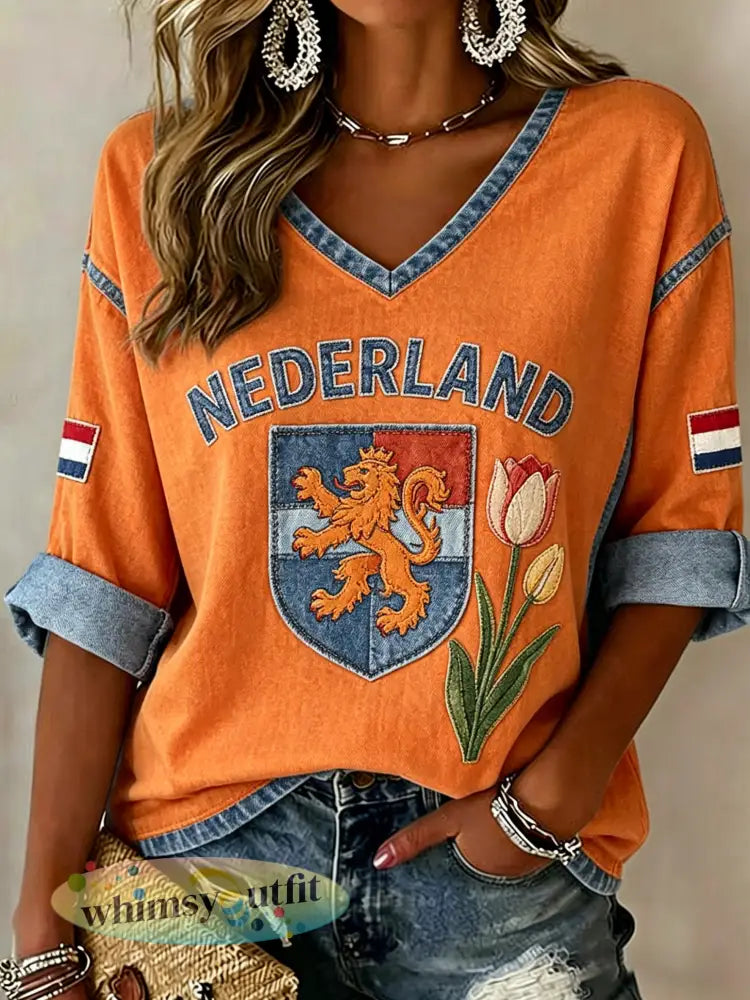 Dames top met V-hals en leeuw- en bloemenprint - A / S