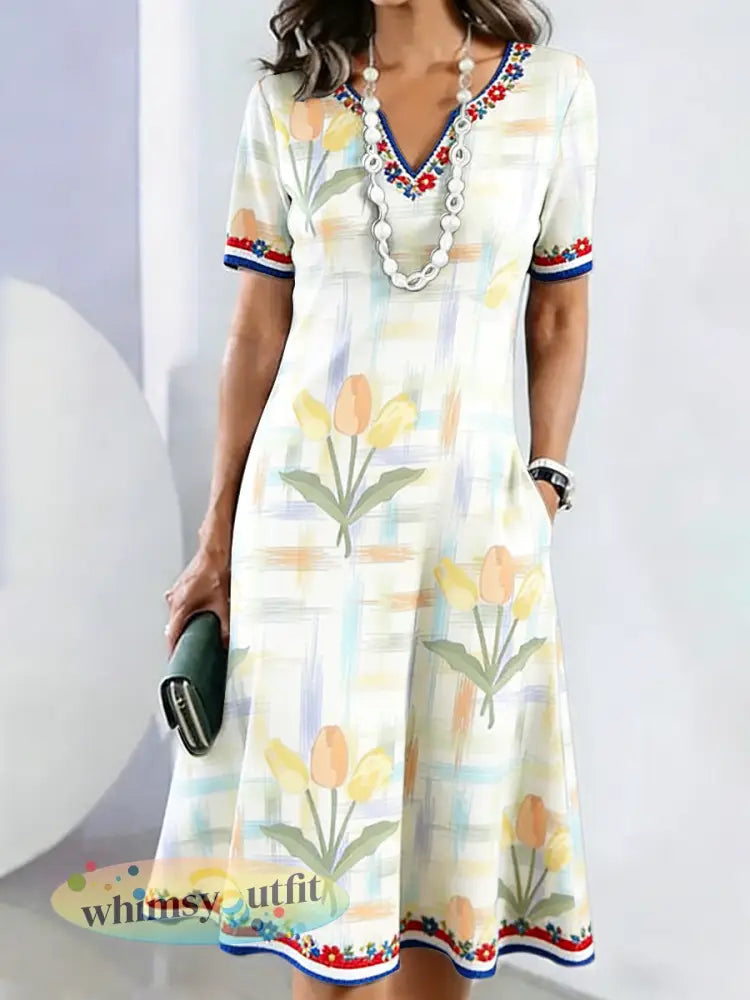 Dames tulpenprint moederdag cadeau casual jurk met V-hals - Geel / S
