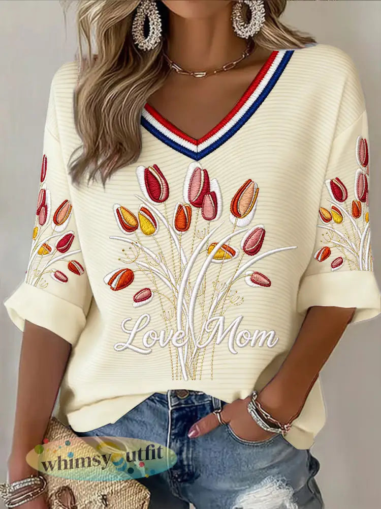 Dames tulpenprint Moederdag cadeau Mode V-hals T-shirt - Romig-Wit / S