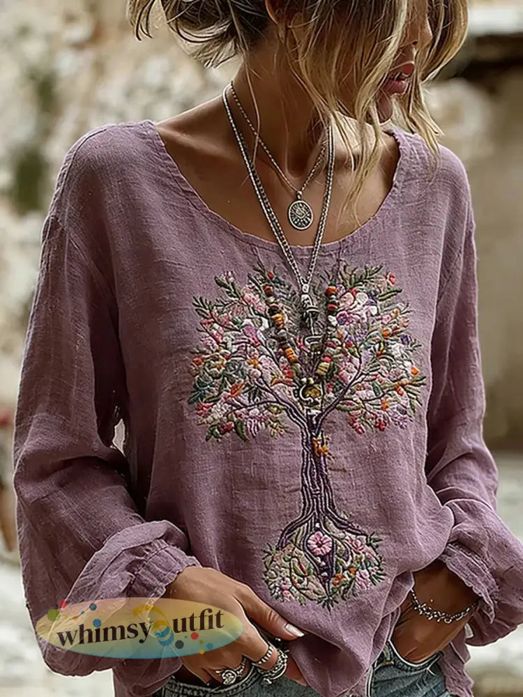 Dames vintage bloemenkunstprint casual katoen-linnen top - A / S