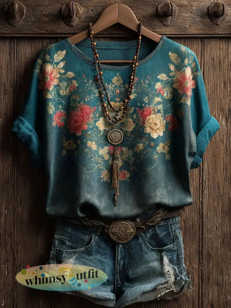 Dames vintage bloemenprint casual T-shirt met korte mouwen - als foto / S