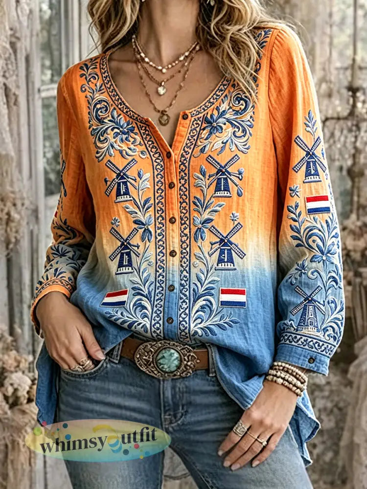 Dames vintage gradiënt Nederlandse windmolenprint casual katoenen linnen overhemd met lange mouwen - Veelkleurig / S