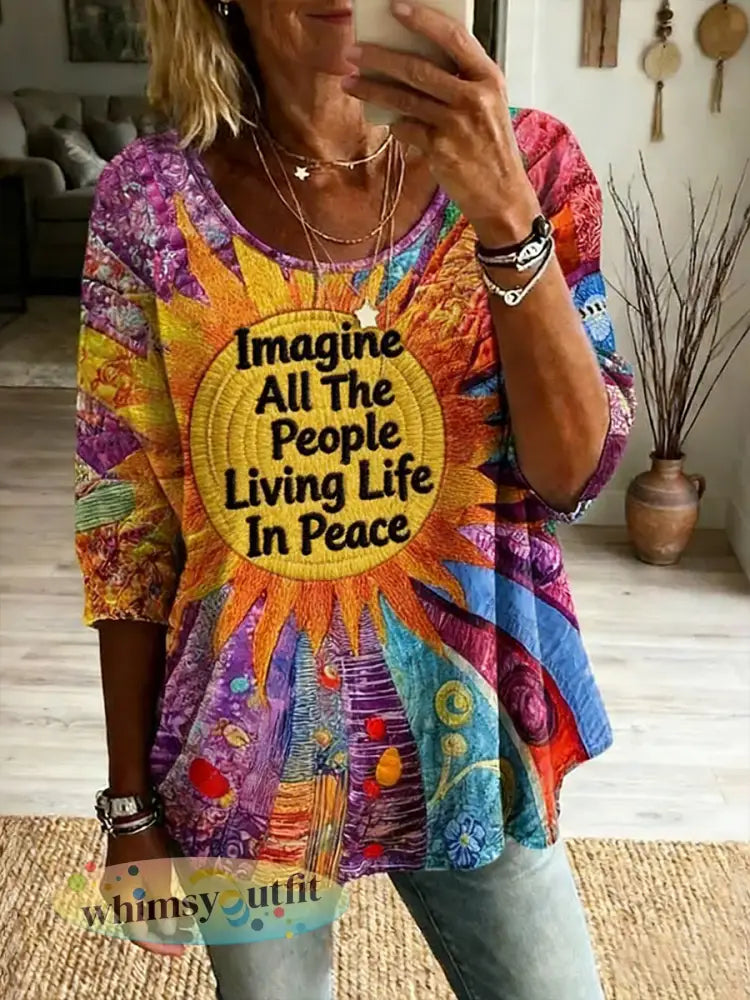 Dames Vintage Hippie Peace Patchwork Print Linnen T-shirt - als foto / S