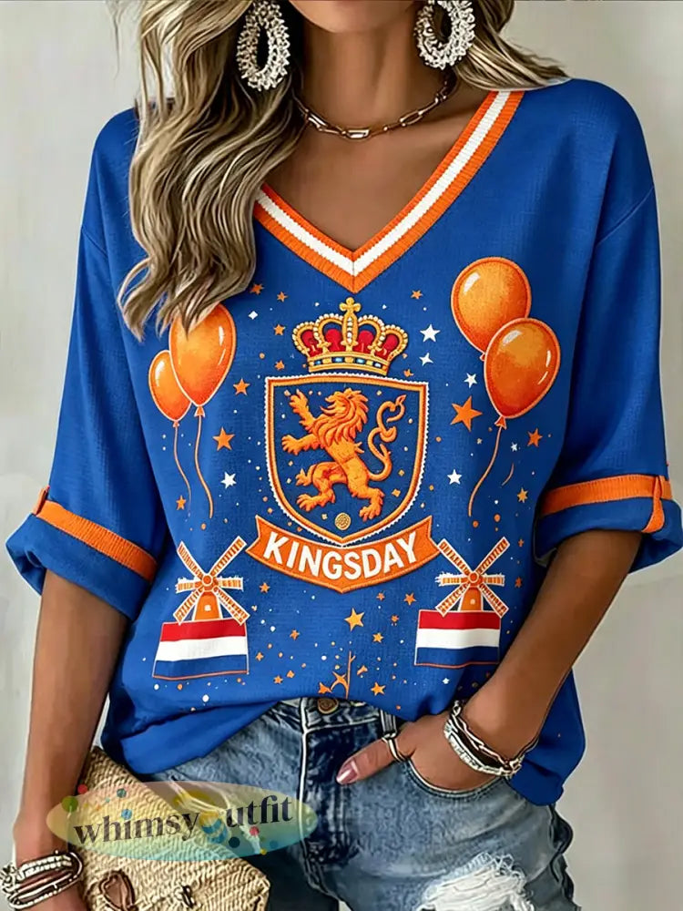 Dames vintage Koningsdag-kunstprint casual katoen-linnen top - A / S