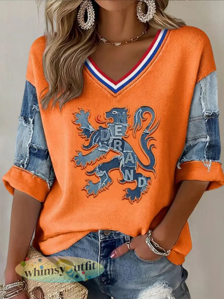Dames vintage koningsdag leeuw embleem casual top - Veelkleurig / S