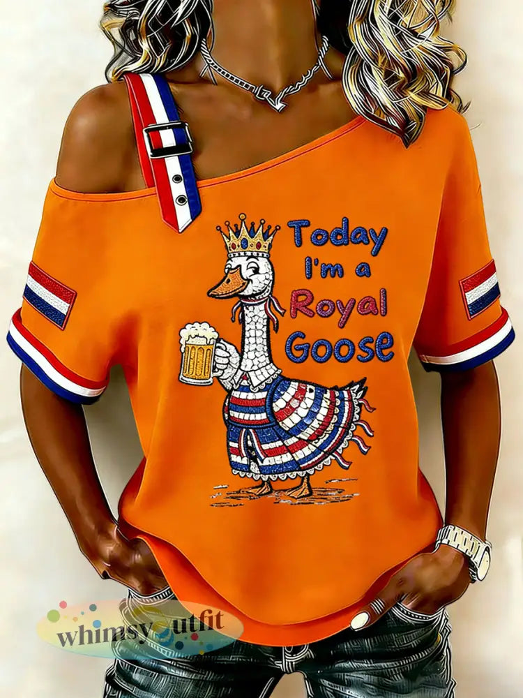 Dames Vintage Nederlandse Koningsdag Beer Casual off-shoulder T-shirt - Sinaasappel / S