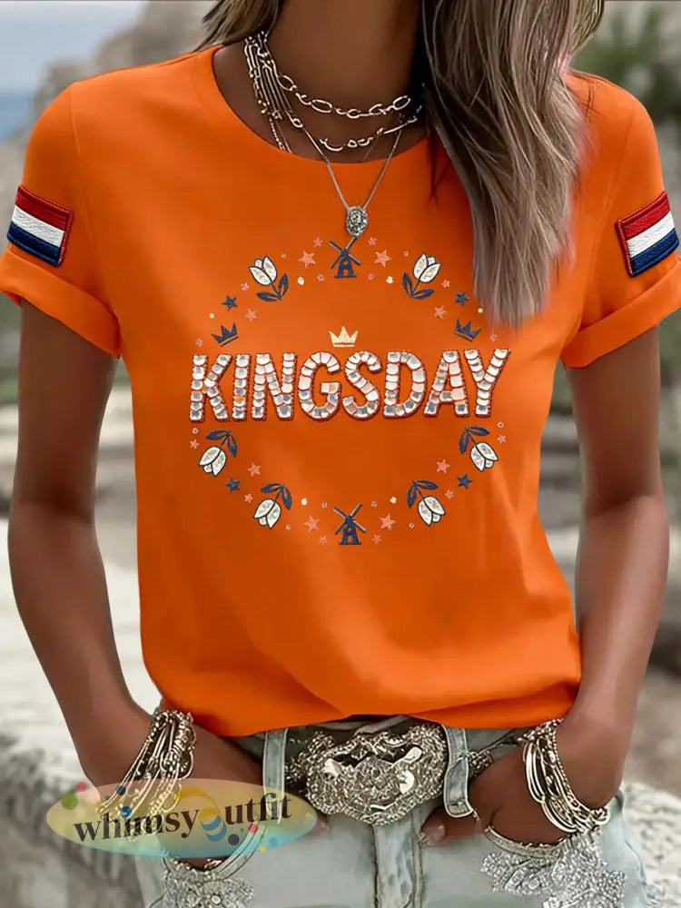 Dames Vintage Nederlandse Koningsdag Bloemen Casual T-shirt - Sinaasappel / S