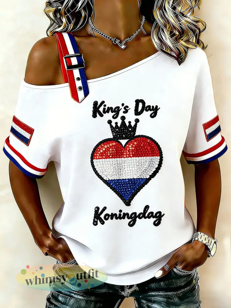 Dames Vintage Nederlandse Koningsdag hart-Patroon Vlag Casual T-shirt - Wit / S