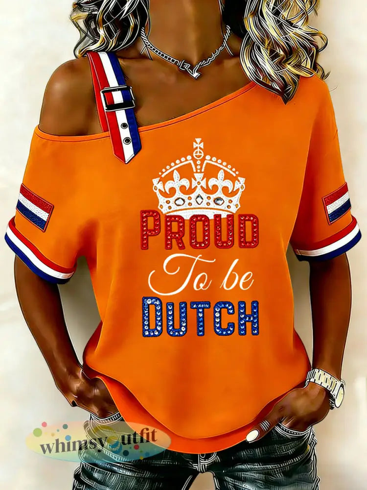 Dames Vintage Nederlandse Koningsdag Viering Casual off-shoulder T-shirt - Sinaasappel / S