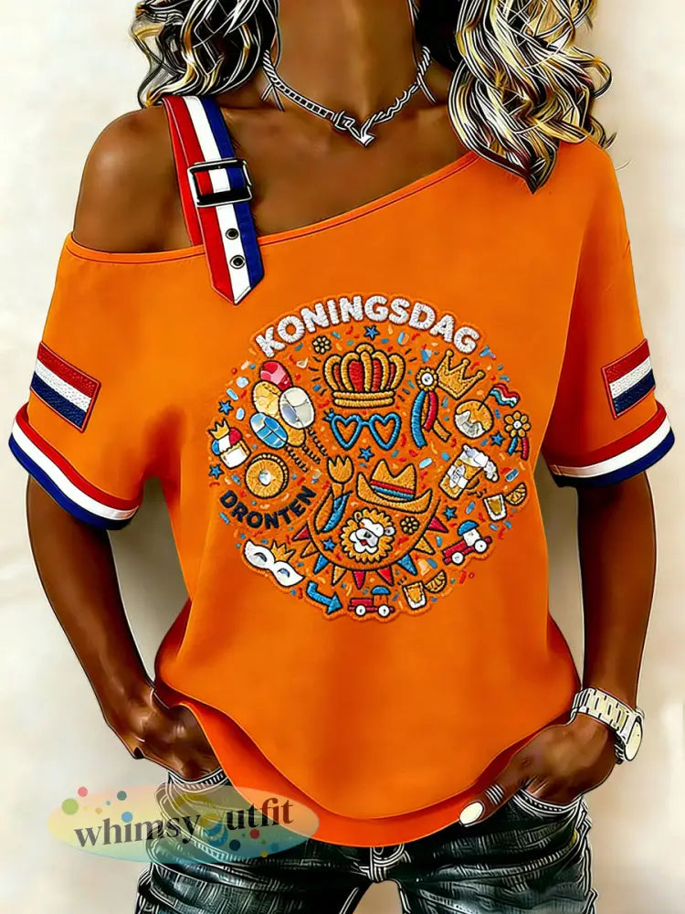 Dames Vintage Nederlandse Koningsdag Viering Casual off-shoulder T-shirt - Sinaasappel / S