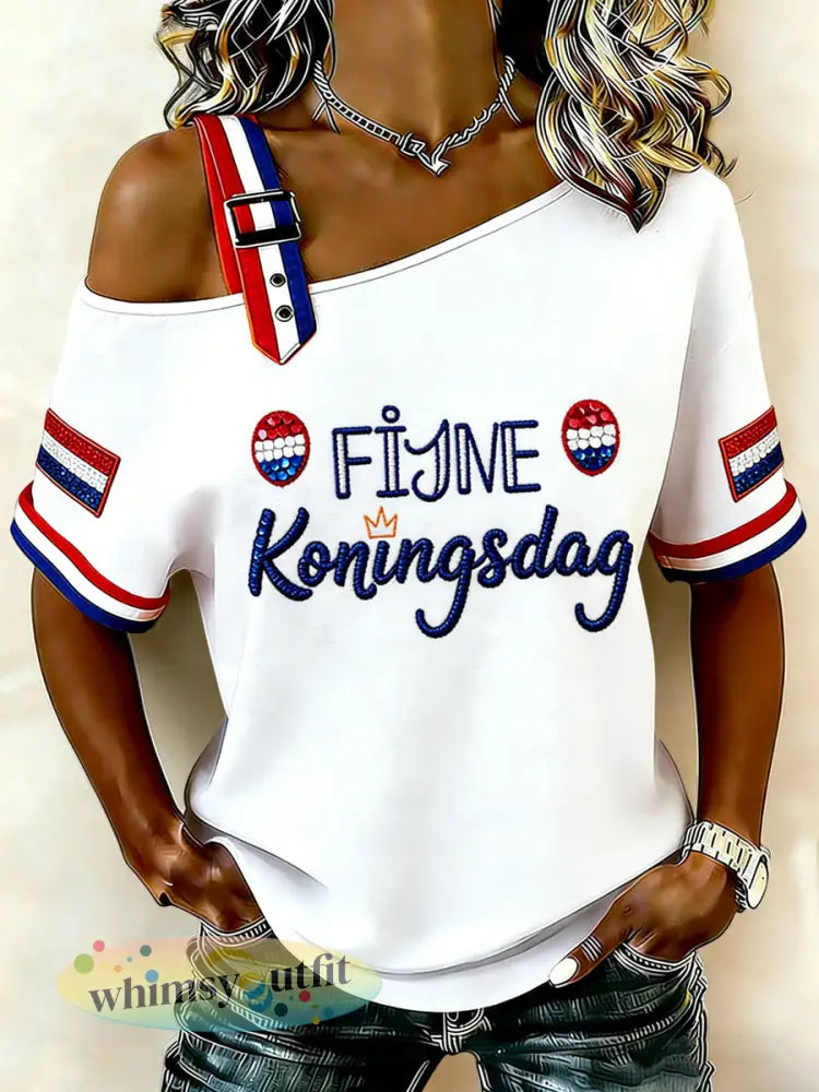 Dames Vintage Nederlandse Koningsdag Viering Casual off-shoulder T-shirt - Wit / S