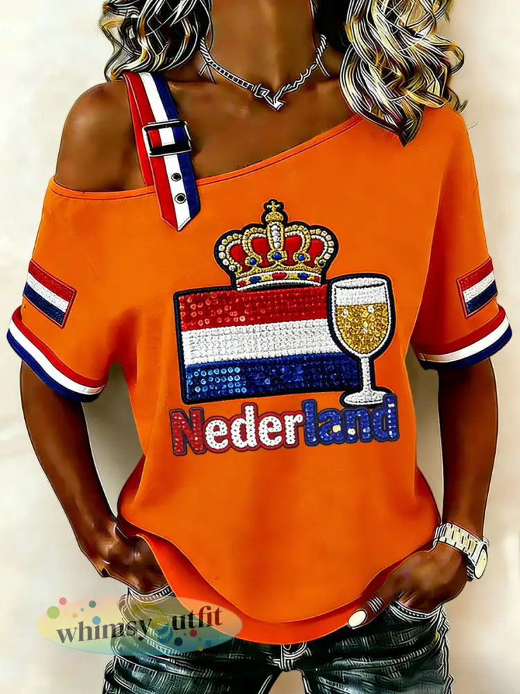 Dames vintage Nederlandse Koningsdagkroon casual off-shoulder t-shirt - Sinaasappel / S