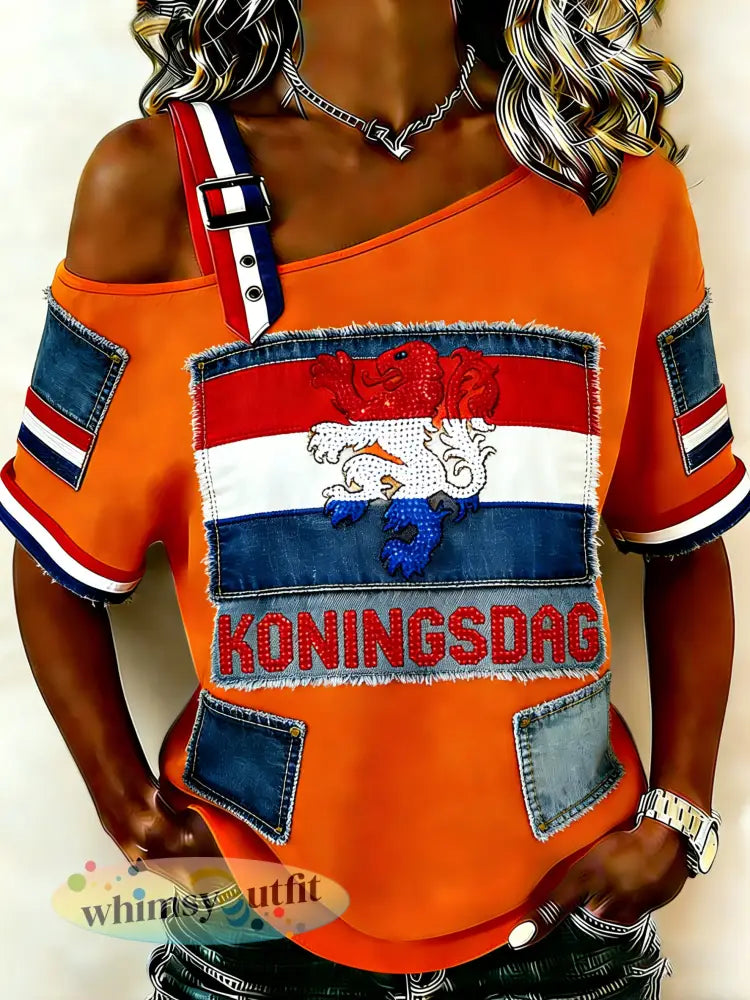 Dames vintage off-shoulder top voor Nederlandse koningsdagvieringen - A / S