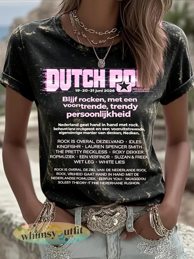 Dames vintage zwart Nederlands pop-artprint casual T-shirt - Zwart / S