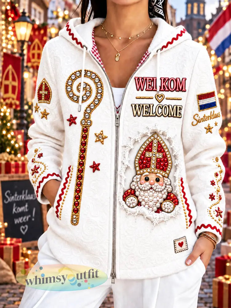 Dames witte Nederlandse sinterklaas dag print casual capuchon - Wit / S