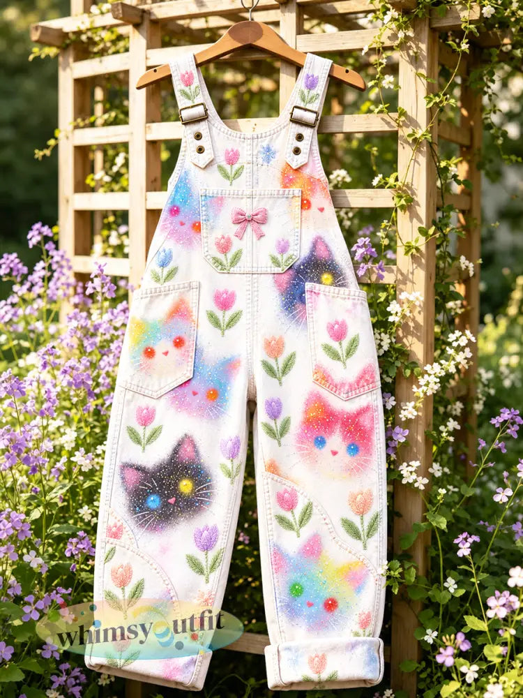 Dames witte schattige tuinbroek met katten- en bloemenprint casual stijl - Wit / S