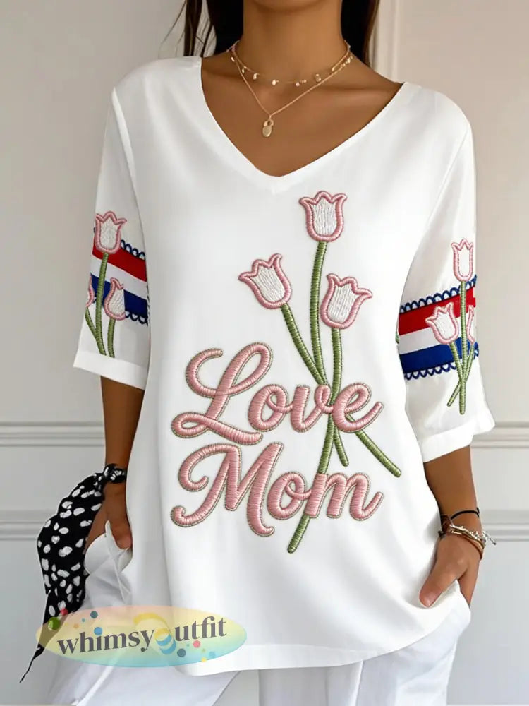 Dames Witte Tulp Bloemen Nederlandse Print Moederdag Cadeau Casual V-hals T-shirt - Wit / S