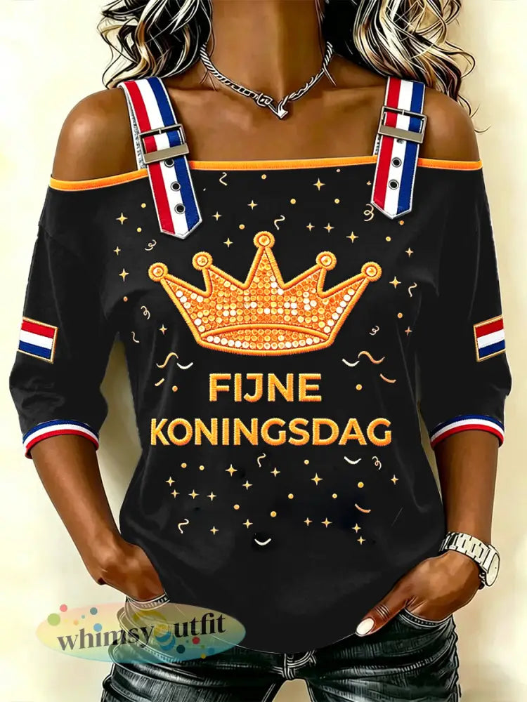 Dames zwarte Nederlandse Koningsdag pailletten print off-the-shoulder strapless mode T-shirt - Zwart / S
