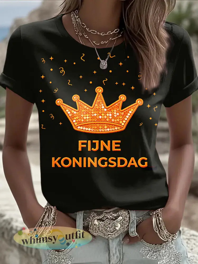 Dames Zwarte Nederlandse Koningsdag Reeks print Casua T-shirt - Zwart / S