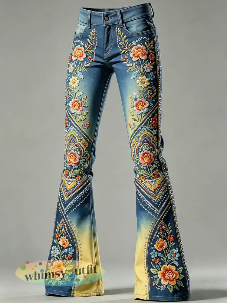 Damesbloemen kunstprint uitlopende broek - Blauw / S