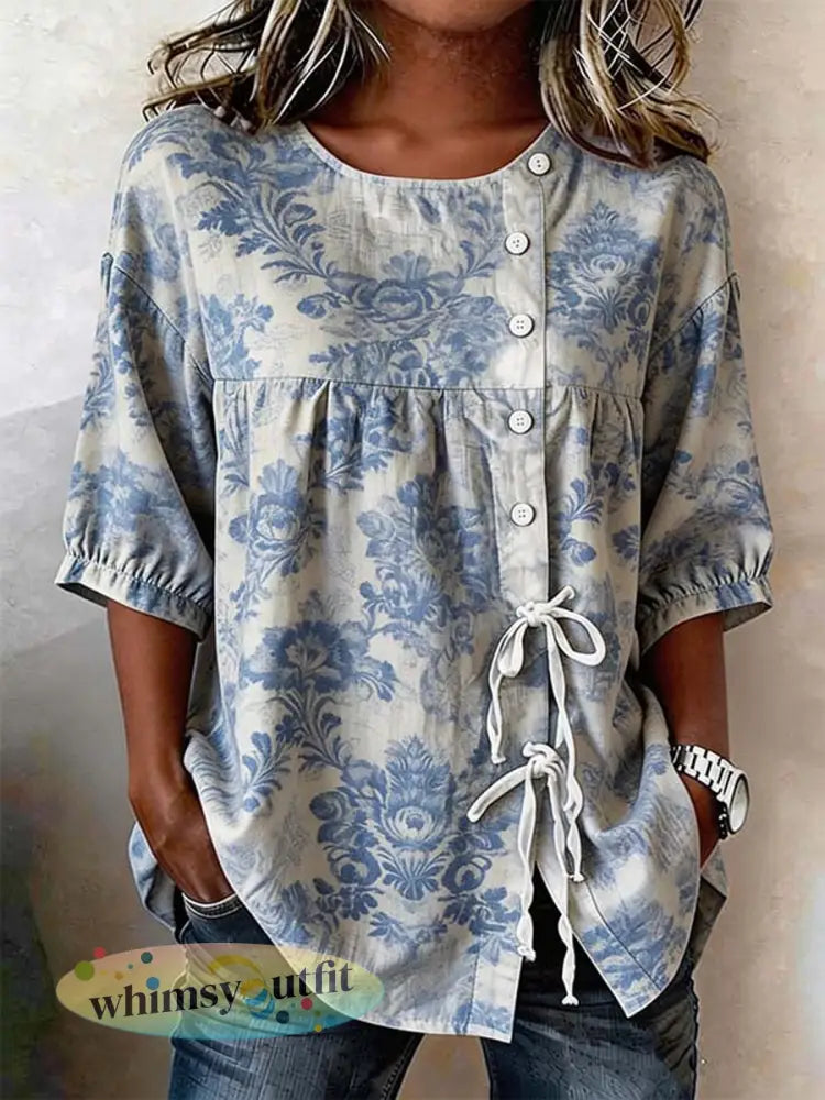 Damesbloemen met knopen en geregen linnen blend shirt - Blauw / S