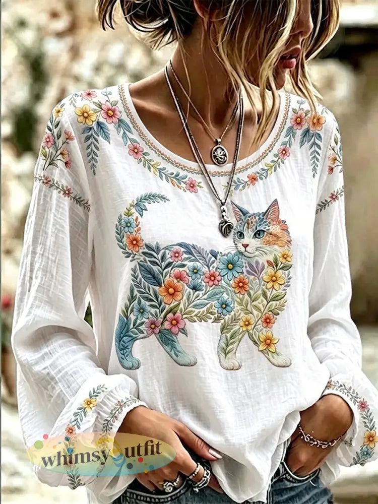 Damesbloemenkattenprint casual shirt met lange mouwen - Wit / S