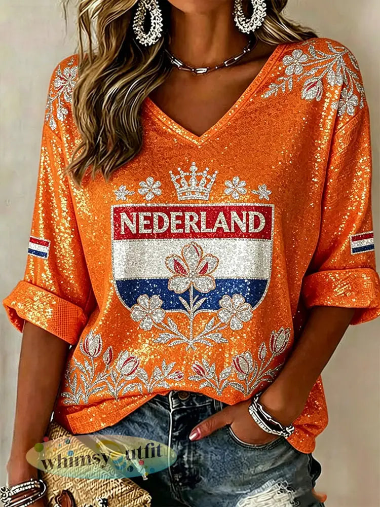 Damesblouse met lovertjes en bloemenprint en V-hals - A / S