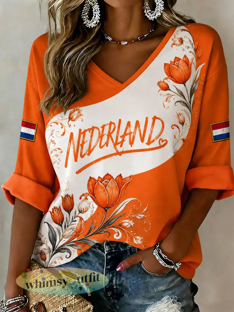 Damesblouse met lovertjes en bloemenprint en V-hals - A / S