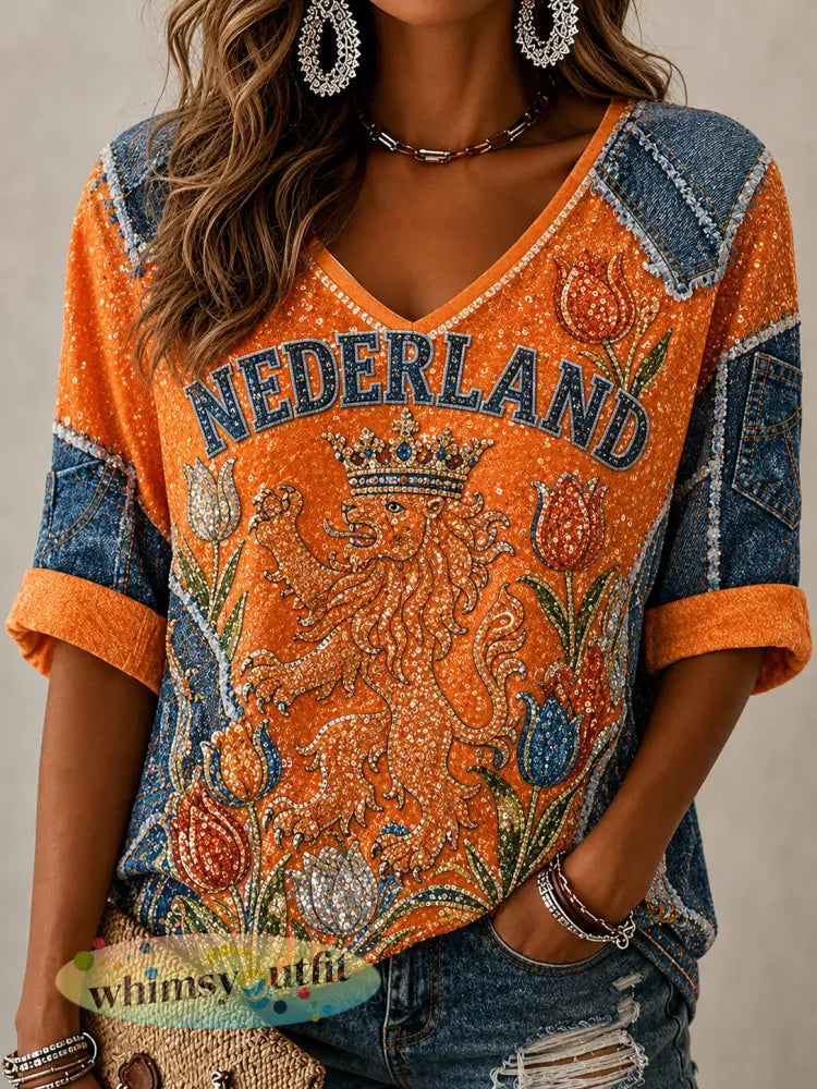 Damesblouse met lovertjes leeuwen- en bloemenprint denim patchwork en V-hals - A / S