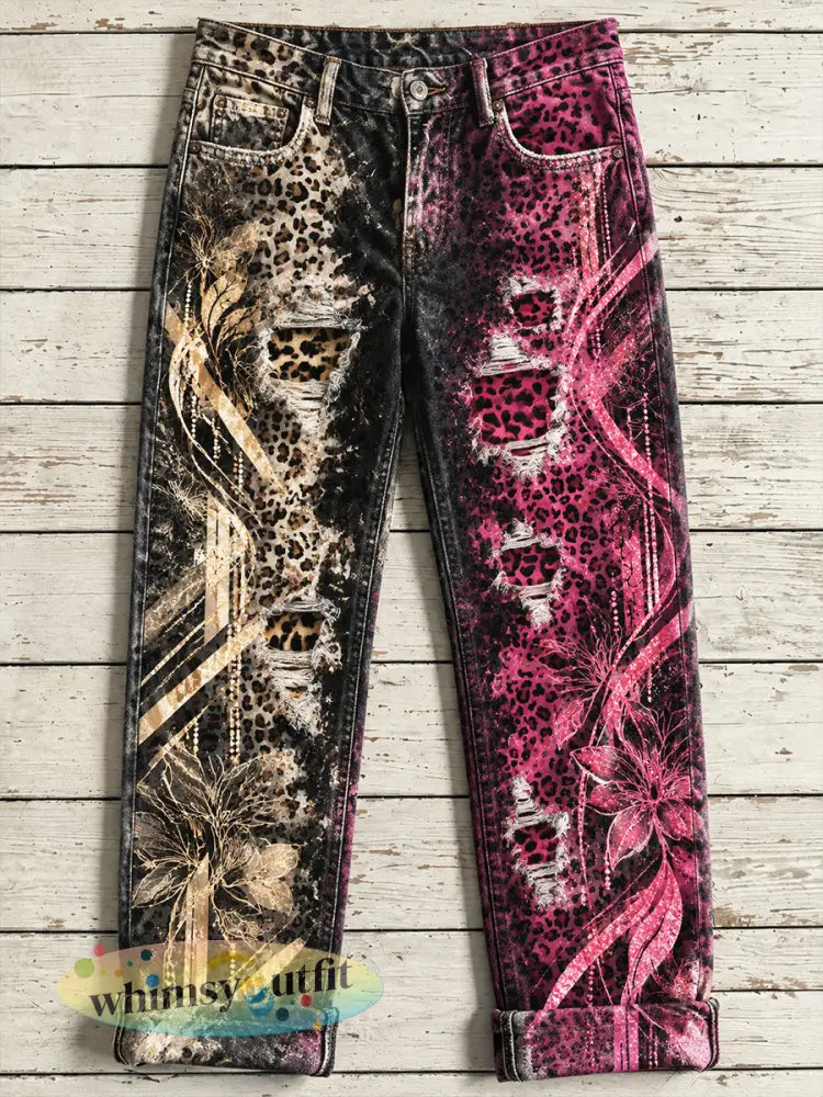 Damesbroek met bloemen- en luipaardprint versleten stijl casual - Veelkleurig / S