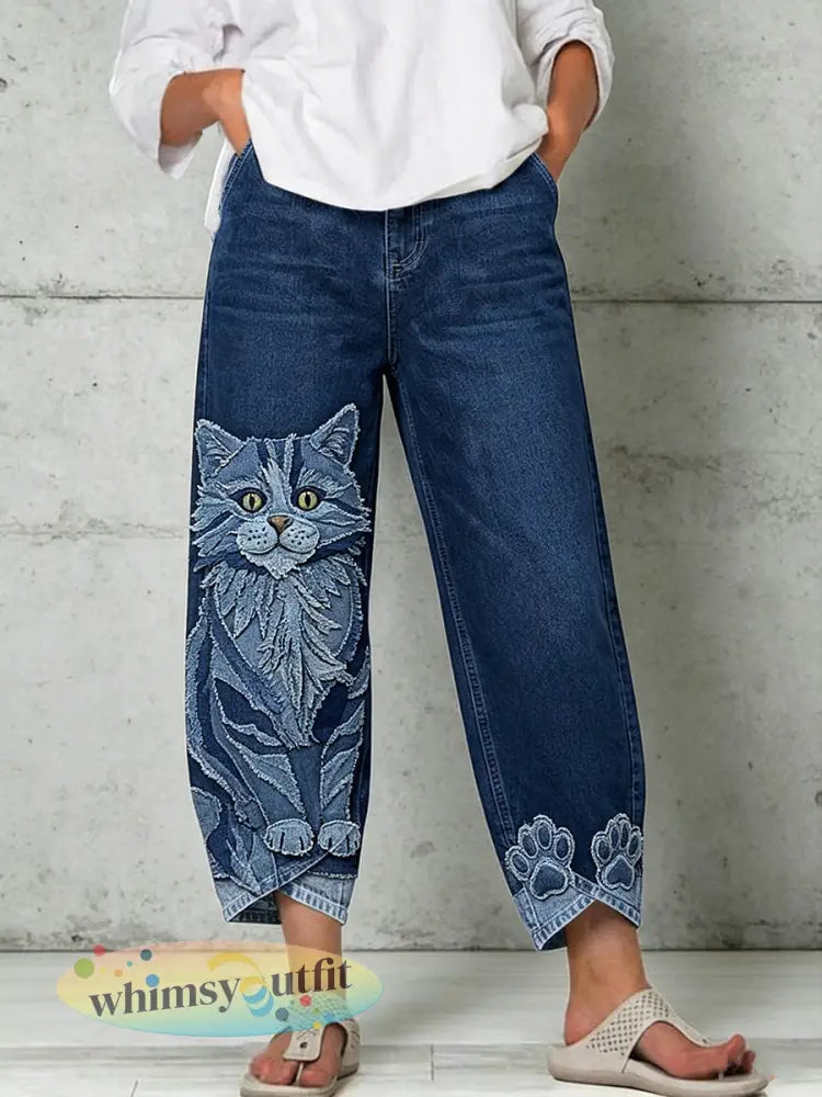 Damesbroek met dierenkunst - Blauw / S