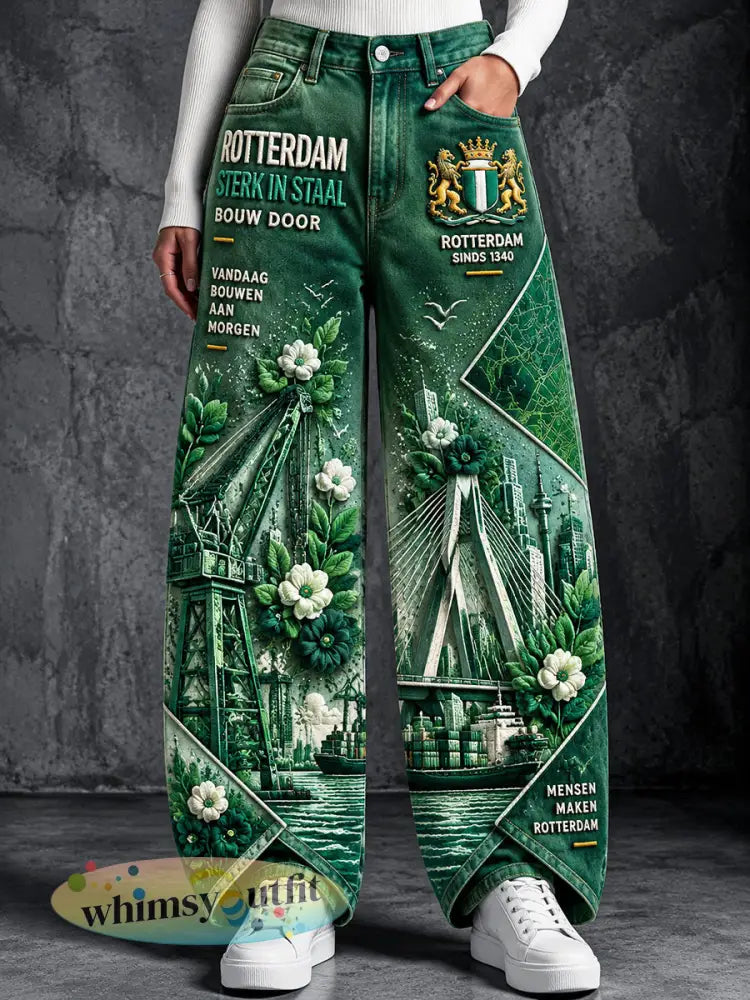 Damesbroek met Rotterdam-stadspatroon casual stijl - Groen / S
